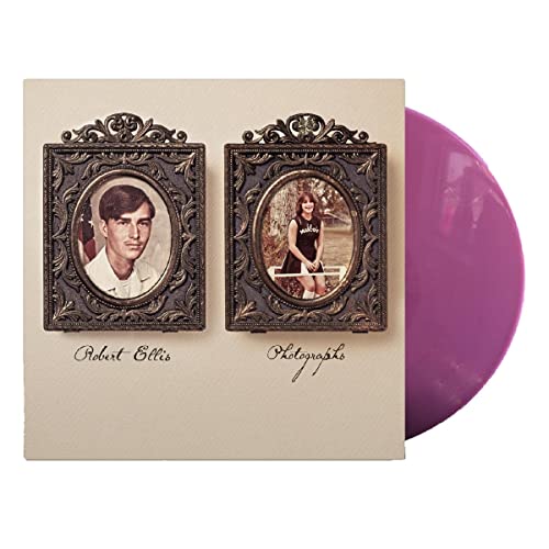 Record album cover with two framed portraits and lavender vinyl record.