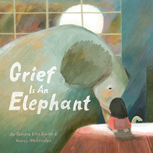 Book cover: a large, blue elephant looms over a small child.