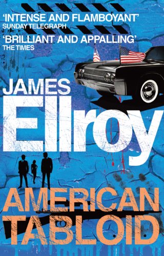 "Book cover with blue background, black car, and bold title 'American Tabloid' by James Ellroy."