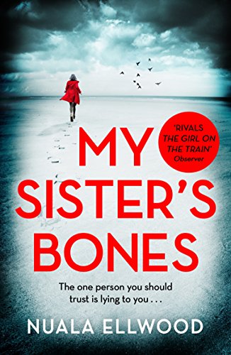 Book cover: woman in red walking on a beach under stormy skies.