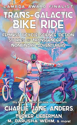 Book cover: cyclists on futuristic bikes against a nebula background.