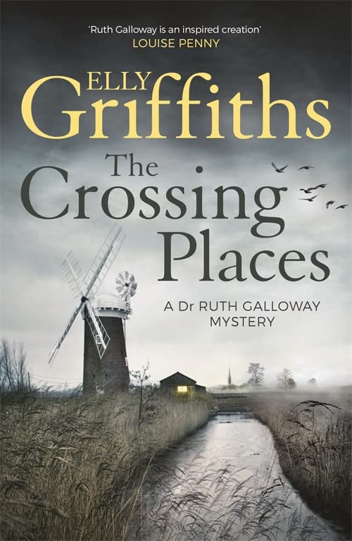 Book cover: misty landscape with a windmill, title “The Crossing Places”.