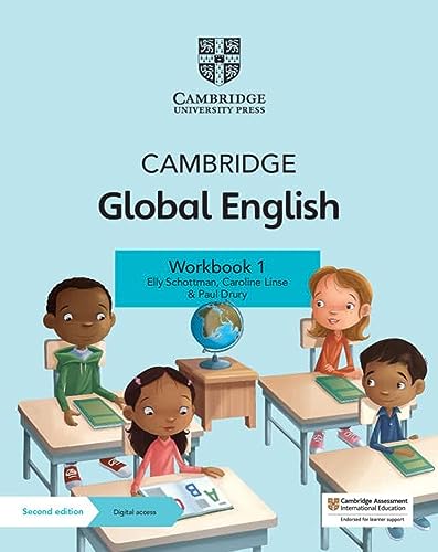 Cambridge Global English Workbook 1 cover featuring four children sitting at desks with books.
