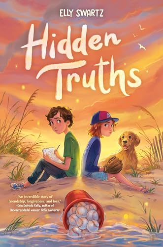 Book cover: two young people and a dog on a beach, titled "Hidden Truths".