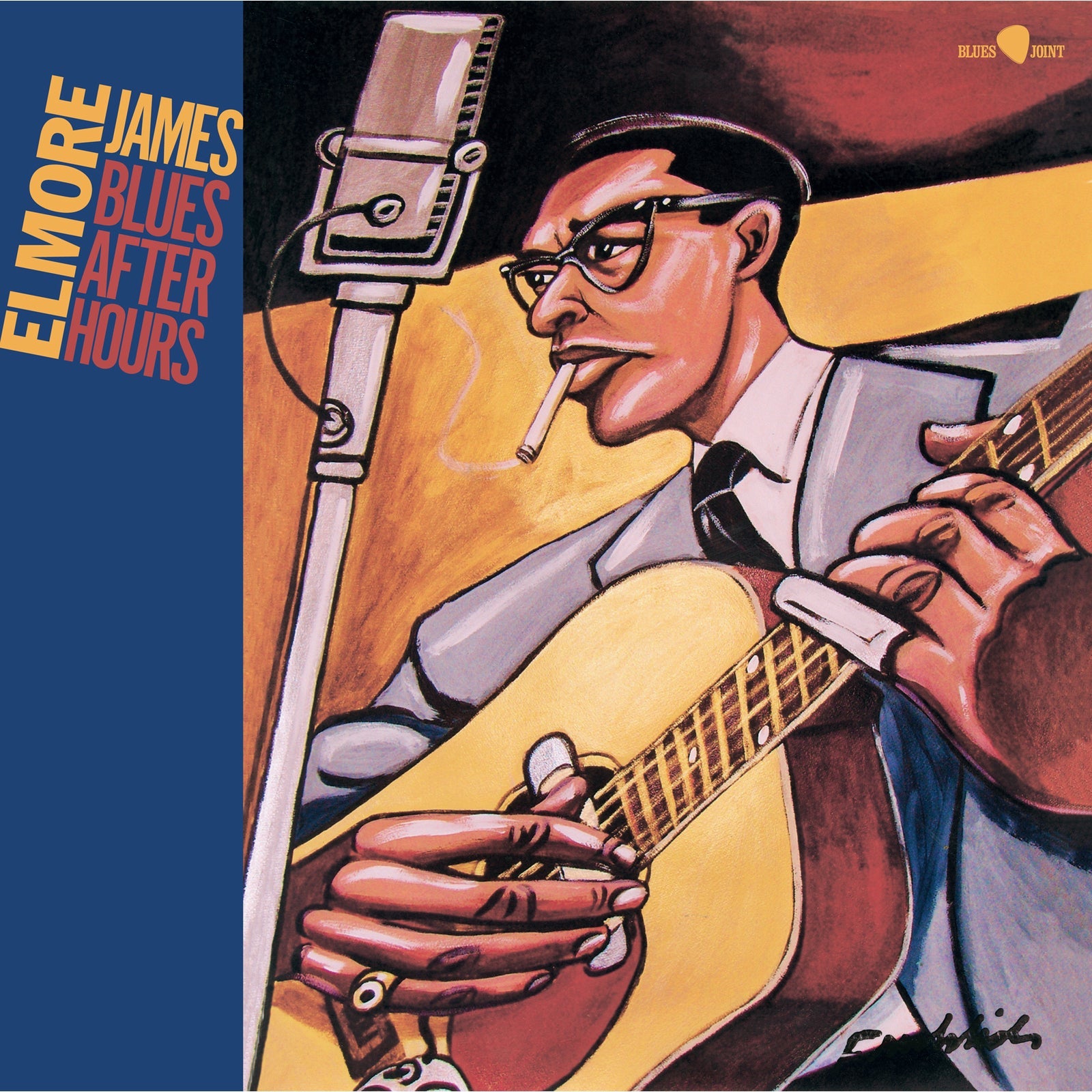 Illustration of Elmore James playing guitar with a cigarette, beside a vintage microphone.