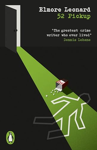 Book cover: open door, scattered cards, and chalk outline on green.