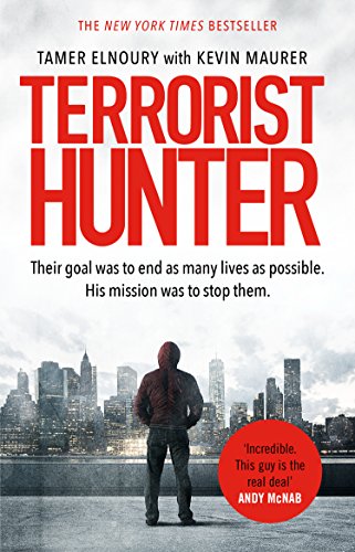 Book cover: "Terrorist Hunter" with a hooded figure overlooking a city.