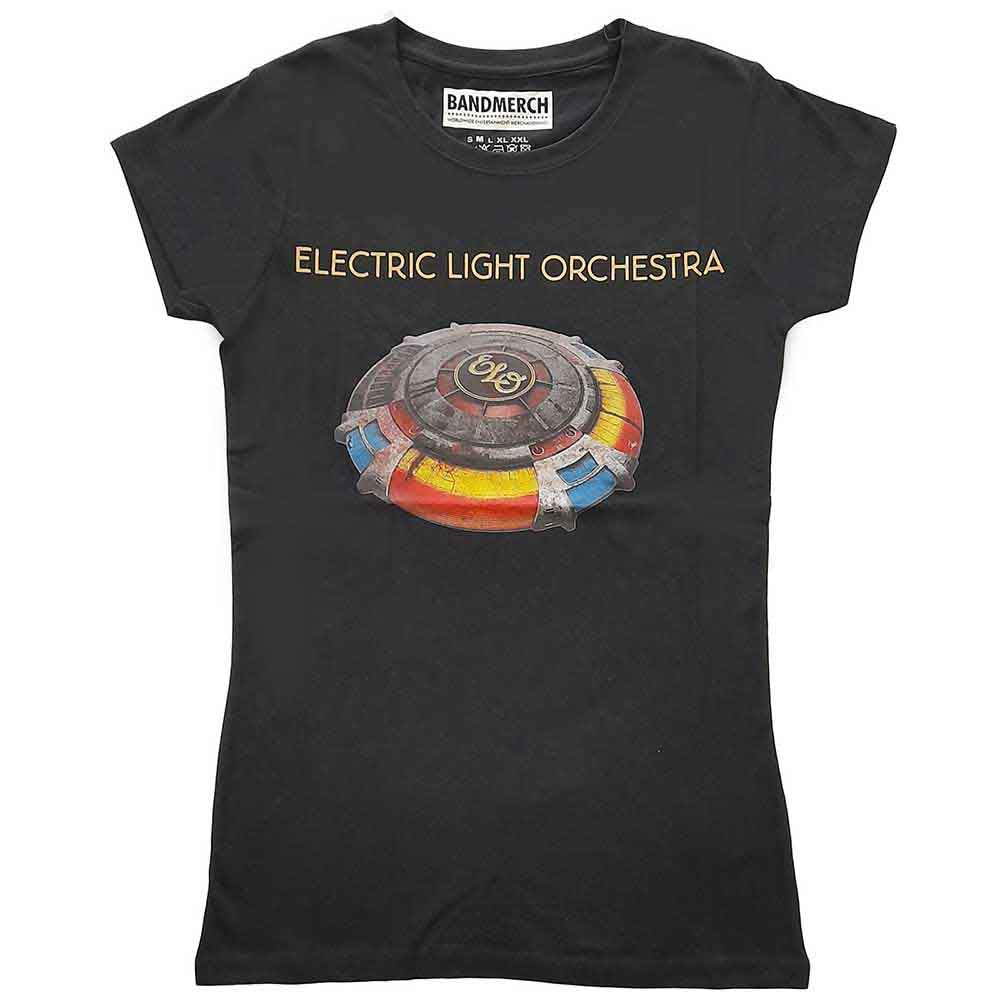 A black ladies t-shirt featuring a graphic design related to ELO's Mr Blue Sky.