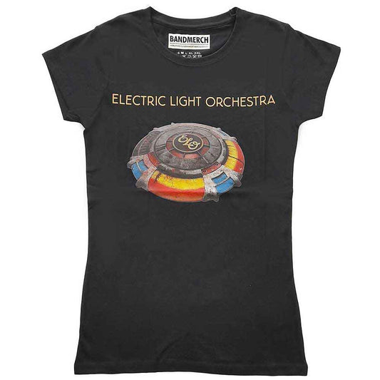 A black ladies t-shirt featuring a graphic design related to ELO's Mr Blue Sky.