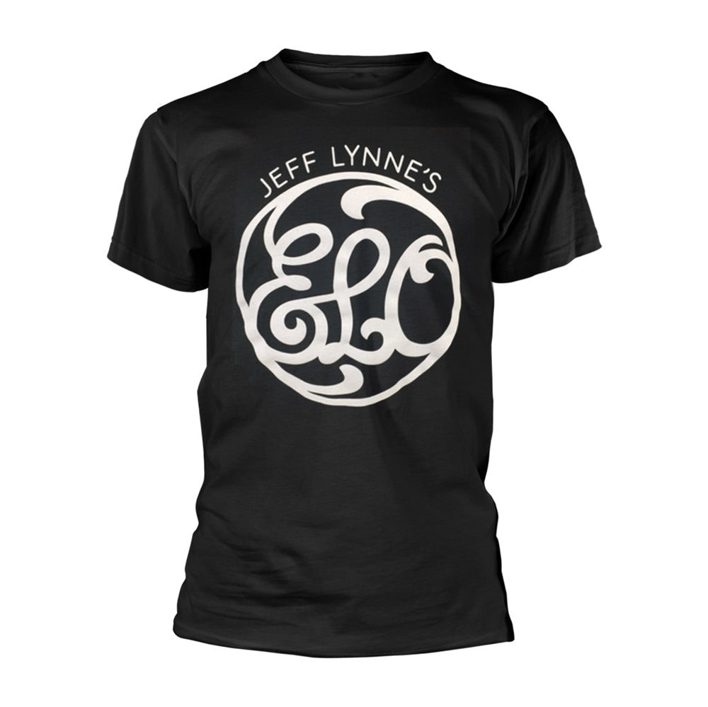 Black ELO t-shirt with white circular band logo centered on chest.