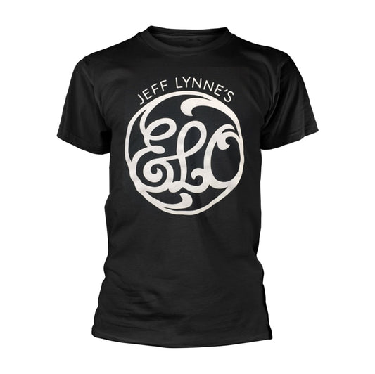 Black ELO t-shirt with white circular band logo centered on chest.