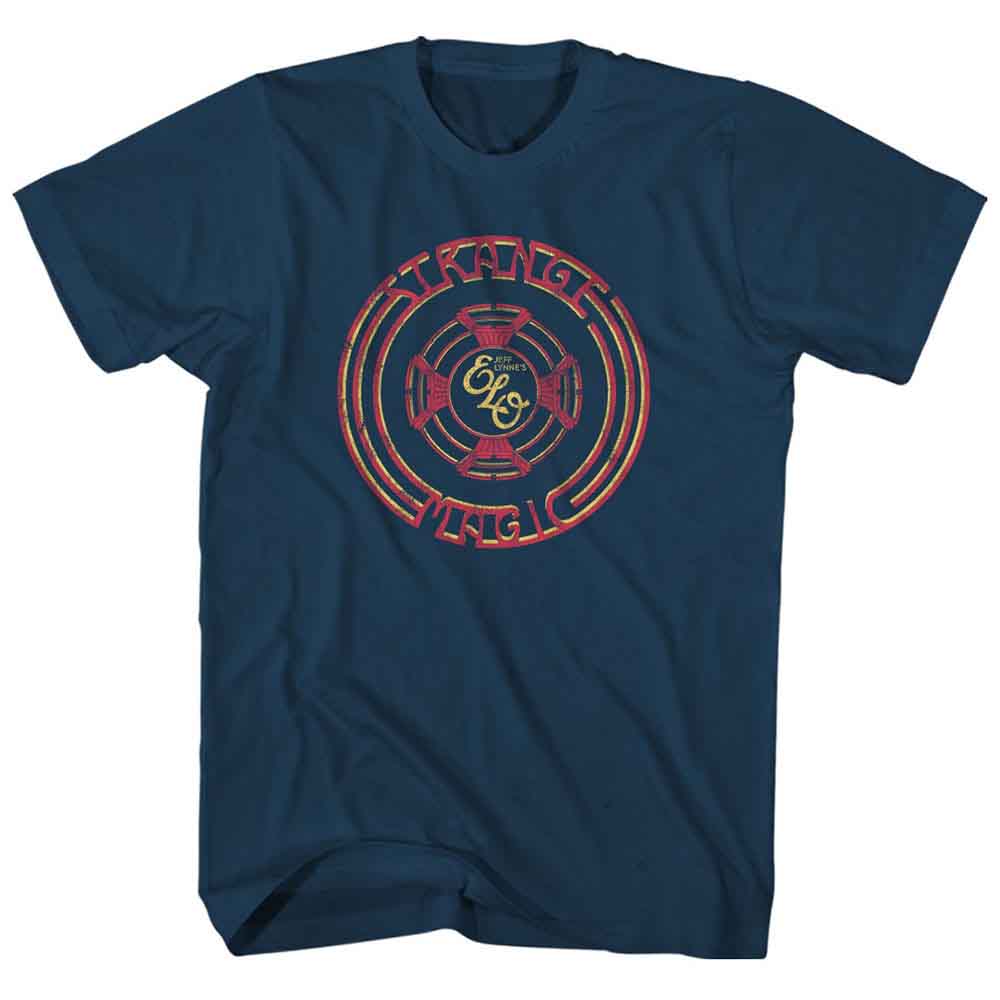 Navy blue t-shirt with a circular red and white ELO "Strange Magic" logo.