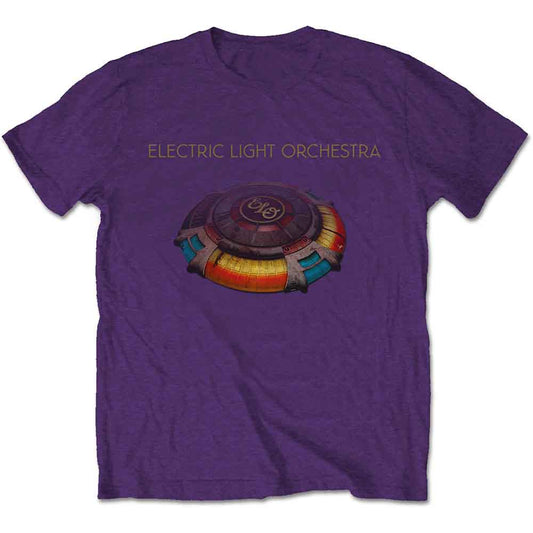 Purple t-shirt with "Electric Light Orchestra" and UFO album art.
