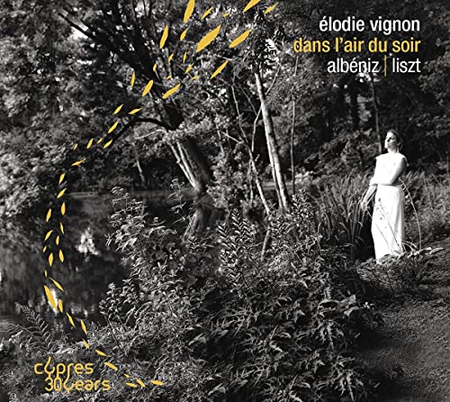 CD cover: woman in white dress by trees, golden musical notes.