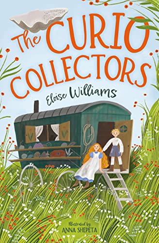Book cover: “The Curio Collectors” depicts children with a vintage caravan in grass.