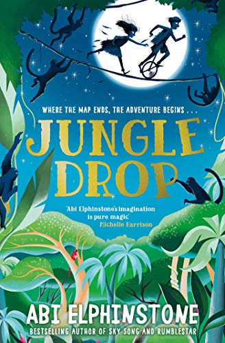 Book cover illustration showing two children running on a tightrope against a full moon.