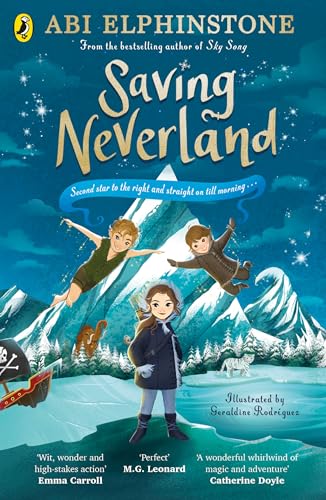 Book cover: "Saving Neverland" with children flying over snowy mountains.