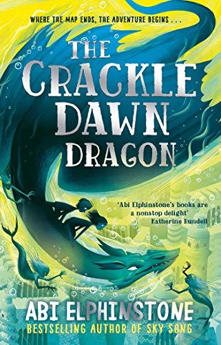 Book cover art featuring a large teal dragon flying over a city with two children.