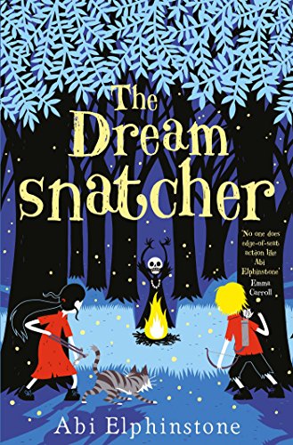 Book cover showing two children and a cat before a campfire in a forest.