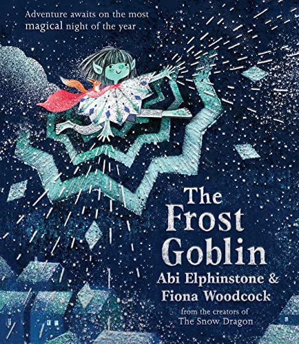 Illustration of a blue-toned goblin flying over a snowy village.