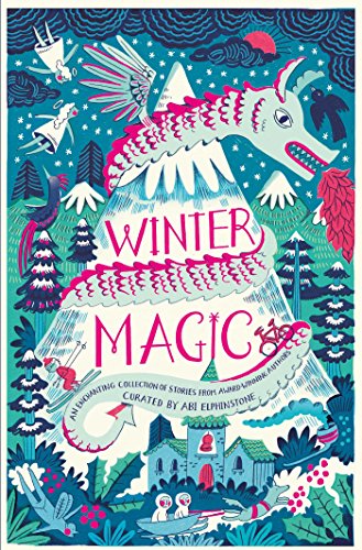 Book cover illustration featuring a dragon, snowy mountains, pine trees, and small whimsical figures.