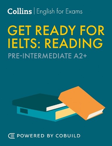 IELTS Reading preparation book cover with stacked books illustration.