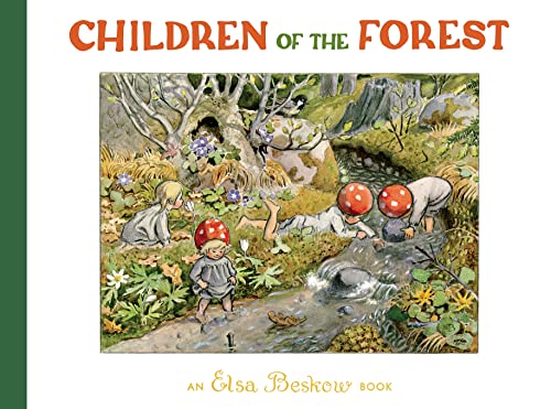 Illustration of children wearing mushroom caps playing by a forest stream in a book.