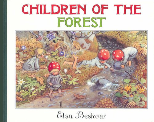 Book cover showing children with mushroom caps playing in a forest stream.