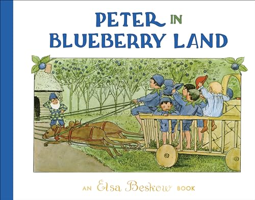 Children ride a horse-drawn cart through a blueberry field.