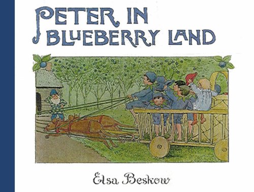Illustration of children in blue outfits riding a wooden cart pulled by two animals.