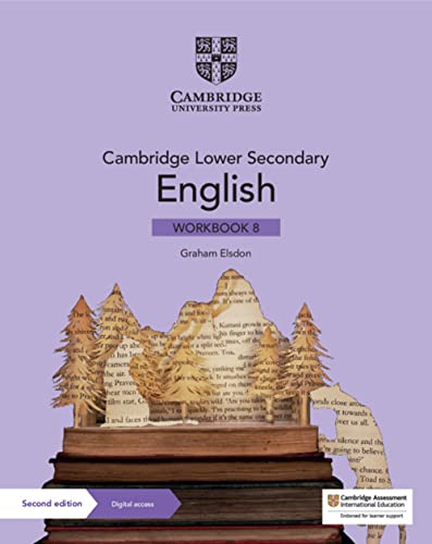 Cambridge Lower Secondary English Workbook 8 cover with a paper mountain and forest illustration.