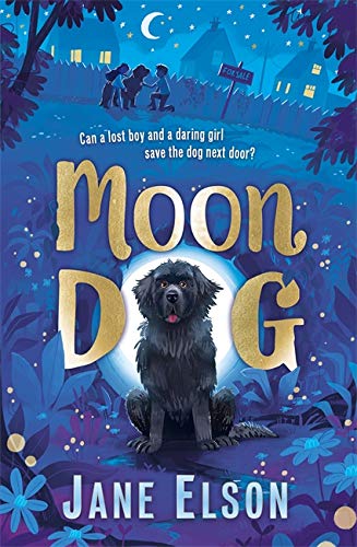 Book cover featuring a black dog, two children, and a nighttime street scene.