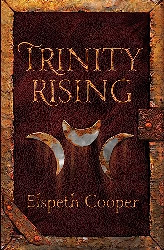 Book cover: “Trinity Rising” with gold lettering and crescent moons.