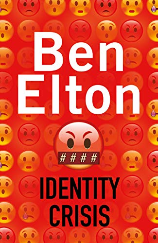 Book cover with red background, repeating emoji pattern, Ben Elton, and Identity Crisis title.