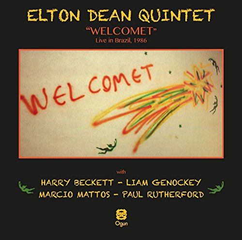 "Album cover with 'ELTON DEAN QUINTET' and 'WELCOMET' text, featuring childlike drawing on black background."