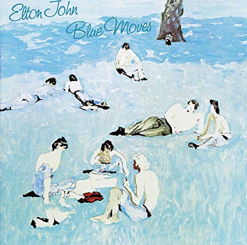 Elton John’s “Blue Moves” album cover: painted figures relaxing in blue.