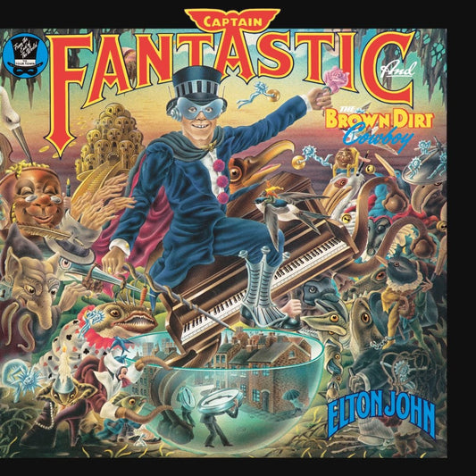 Elton John's "Captain Fantastic" album cover featuring a colorful, illustrated scene.