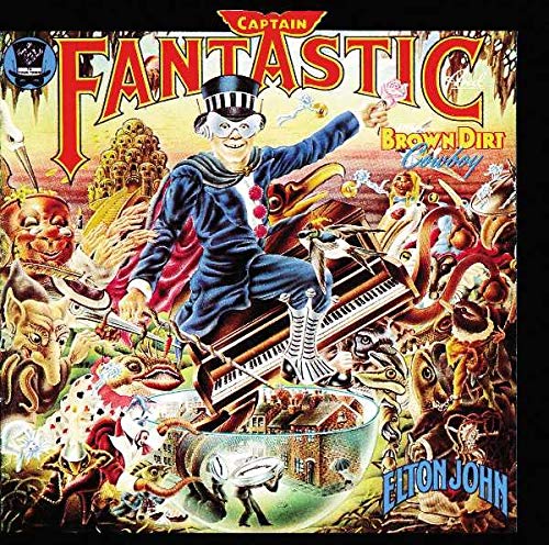 Elton John album cover featuring a surreal illustration of a man on a piano.
