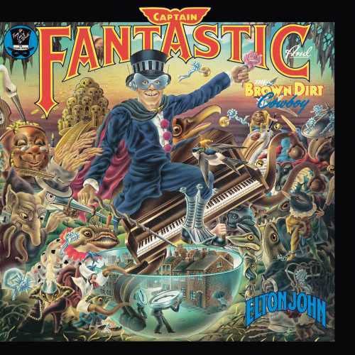 Elton John album cover featuring a masked man on a piano amidst surreal creatures.