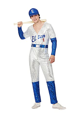 Man in silver sequin baseball uniform with blue accents, holding a bat.