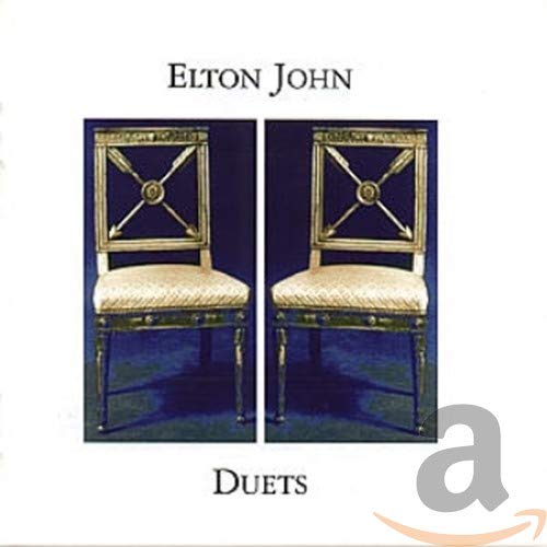 CD cover featuring Elton John Duets text above two identical chairs on blue backgrounds.