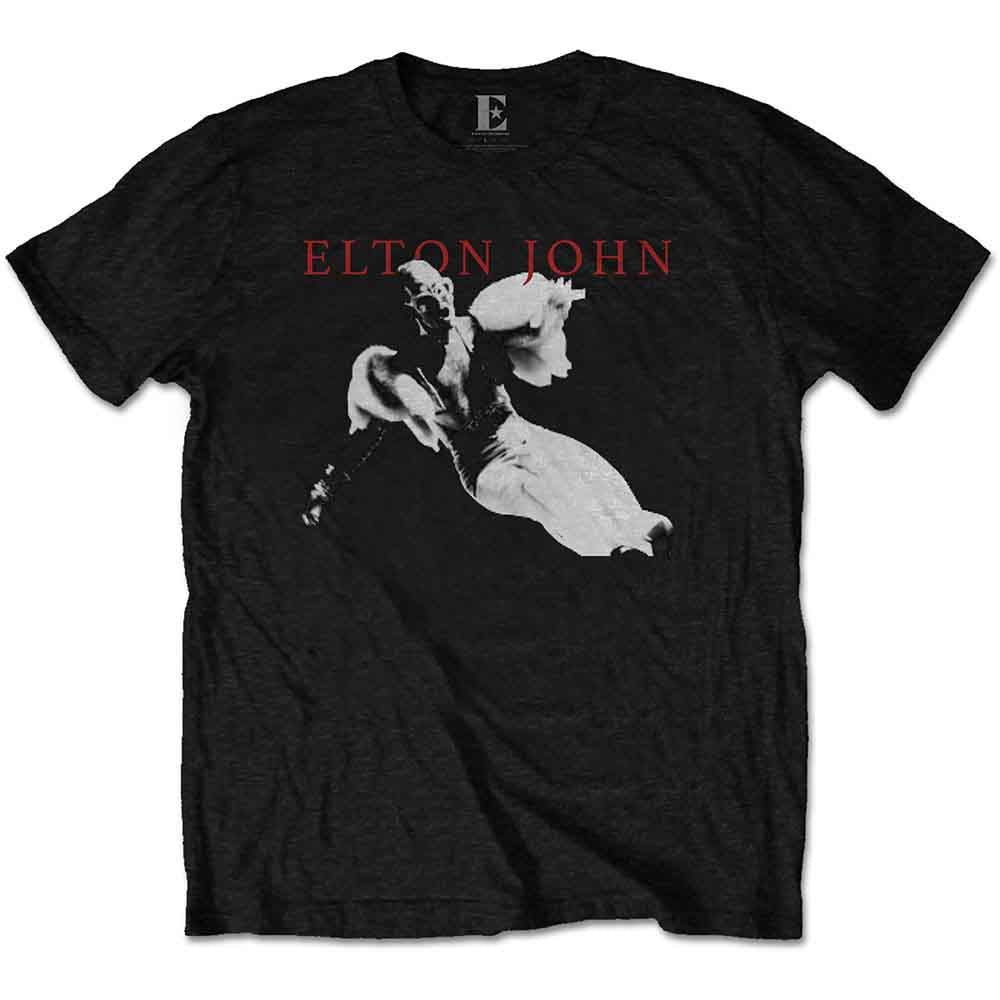 Black Elton John t-shirt with a white and red graphic of a pianist.