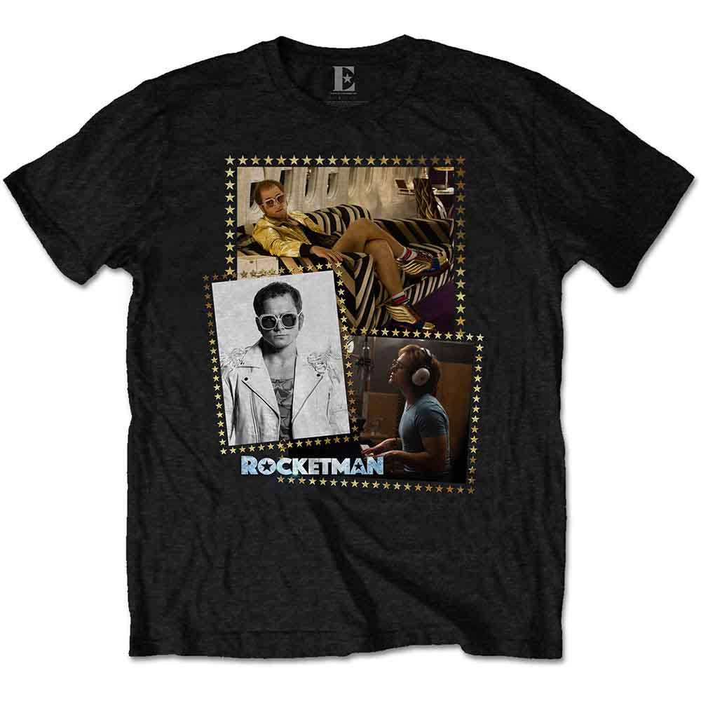 Black t-shirt with a collage of Elton John from the movie Rocketman.