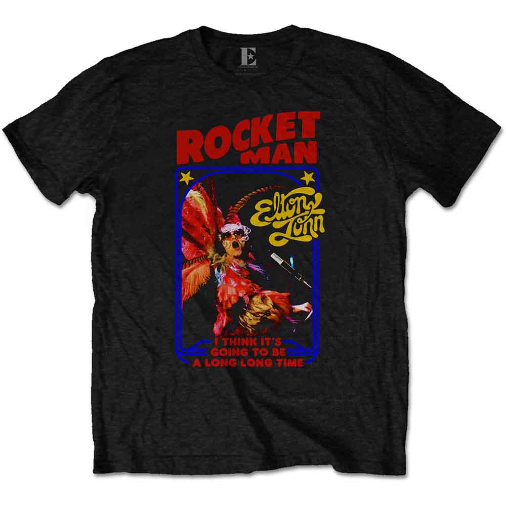 Black Elton John "Rocket Man" t-shirt with colorful graphic print.