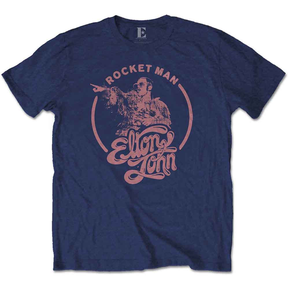 Navy blue t-shirt with a circular "Rocketman" graphic featuring Elton John.