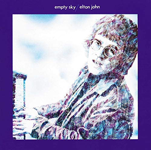 Elton John album cover, “Empty Sky,” with sketched portrait and blue sky.
