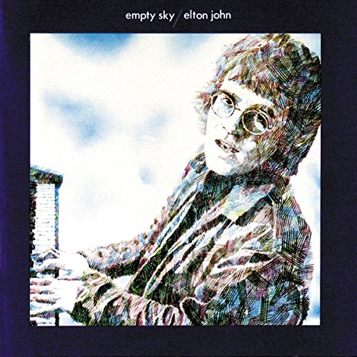 "Elton John album cover featuring a sketched image of Elton John on a purple background."