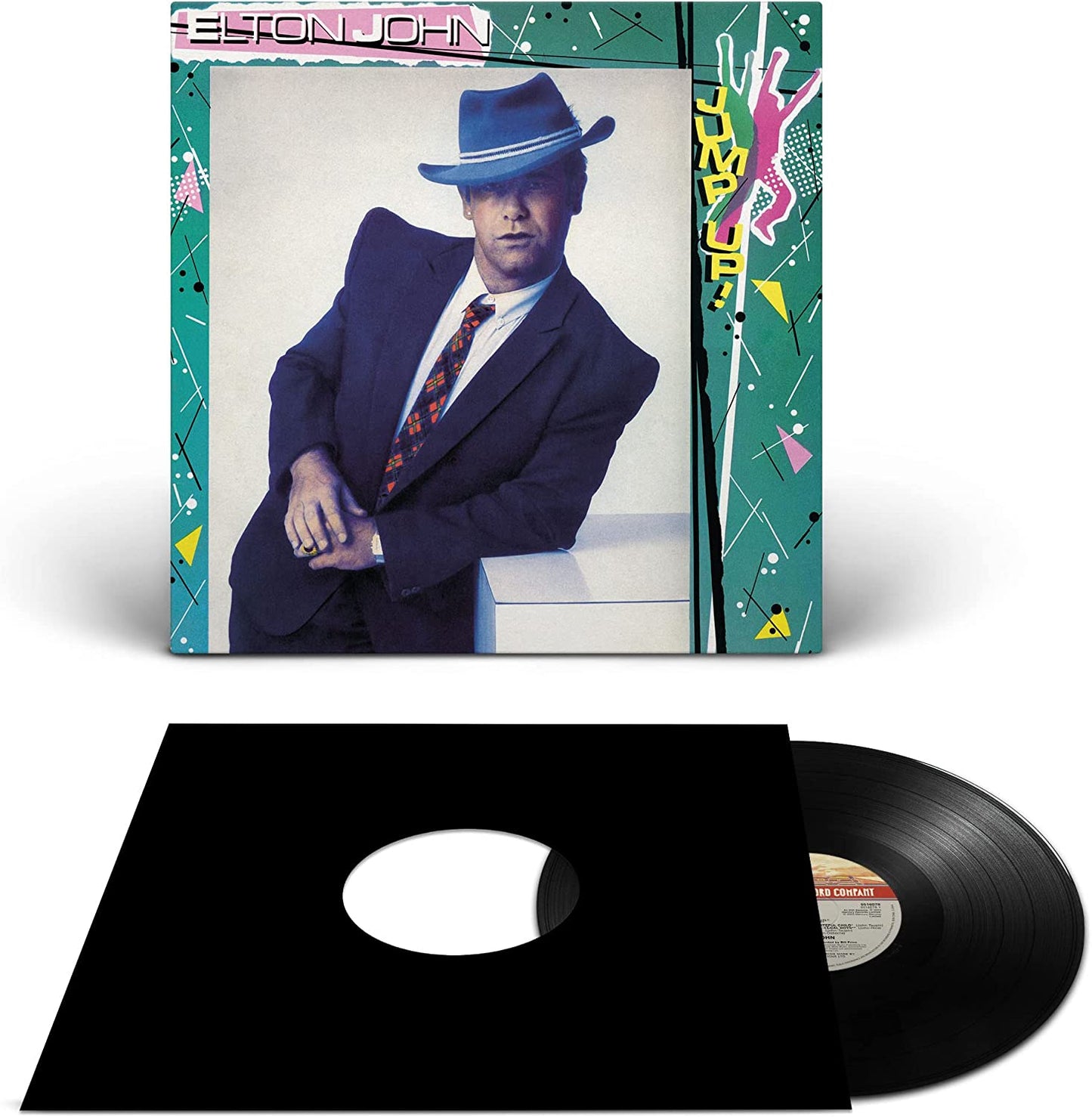 Elton John “Jump Up” vinyl record with cover art and black sleeve.