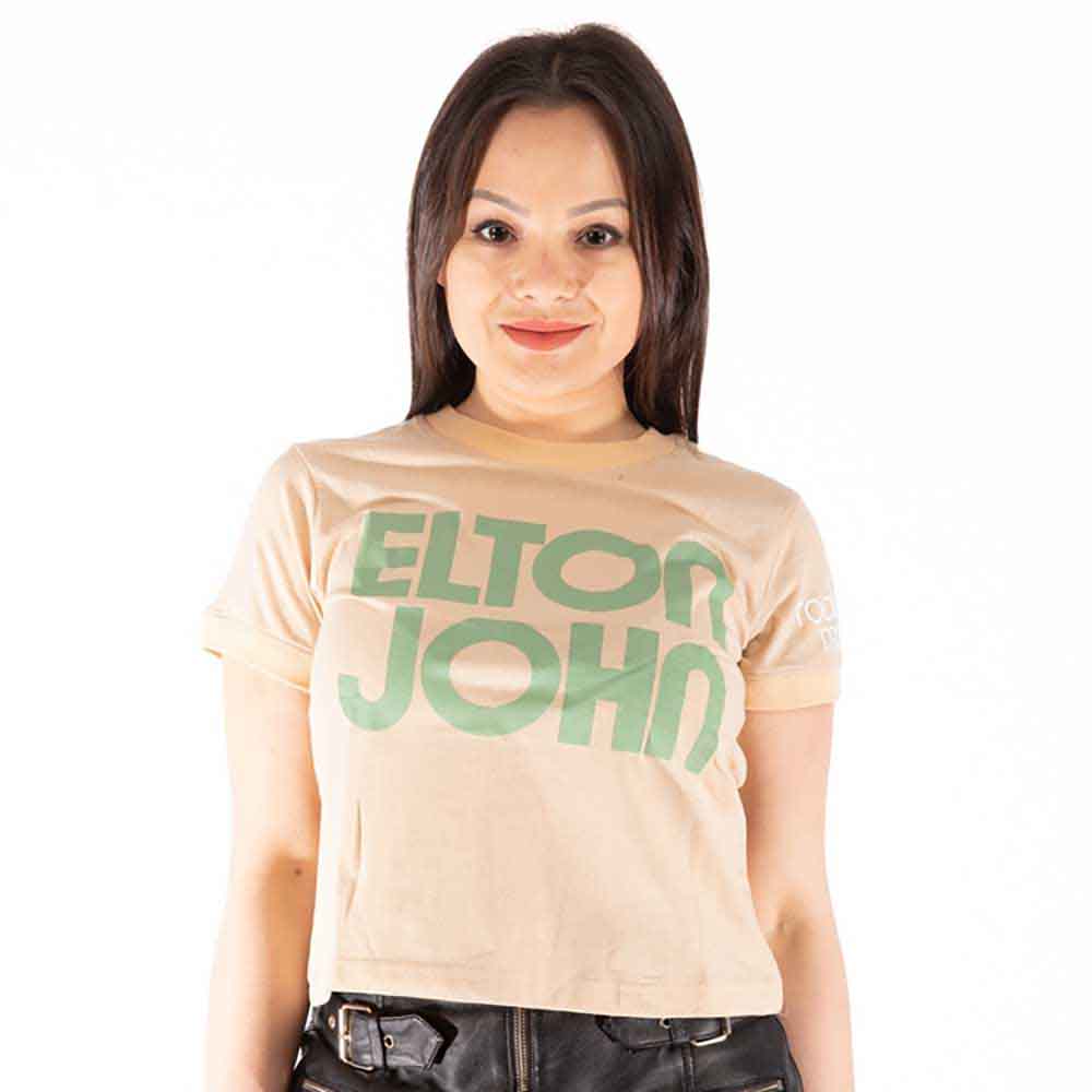 A white ladies' ringer crop top featuring retro Elton John text and sleeve prints.