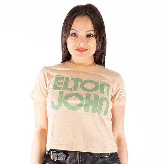 A white ladies' ringer crop top featuring retro Elton John text and sleeve prints.